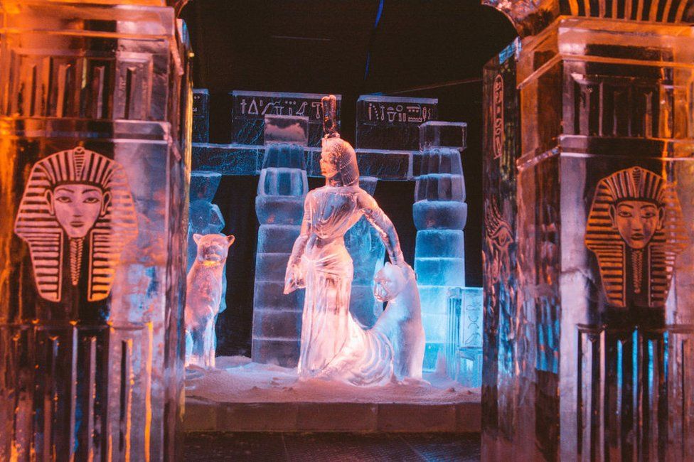 Ice sculptures featuring pharaohs, and Egyptian queen and hieroglyphics.