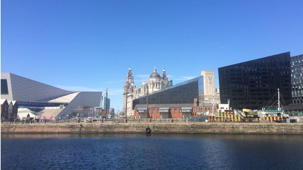 The Liver Building and Albert Dock Museum on the Liverpool waterfront