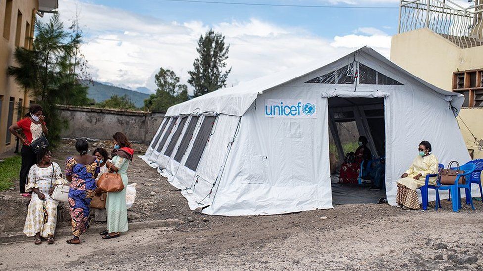 A vaccine tent run by Unicef has been set up in the grounds of a Goma hospital