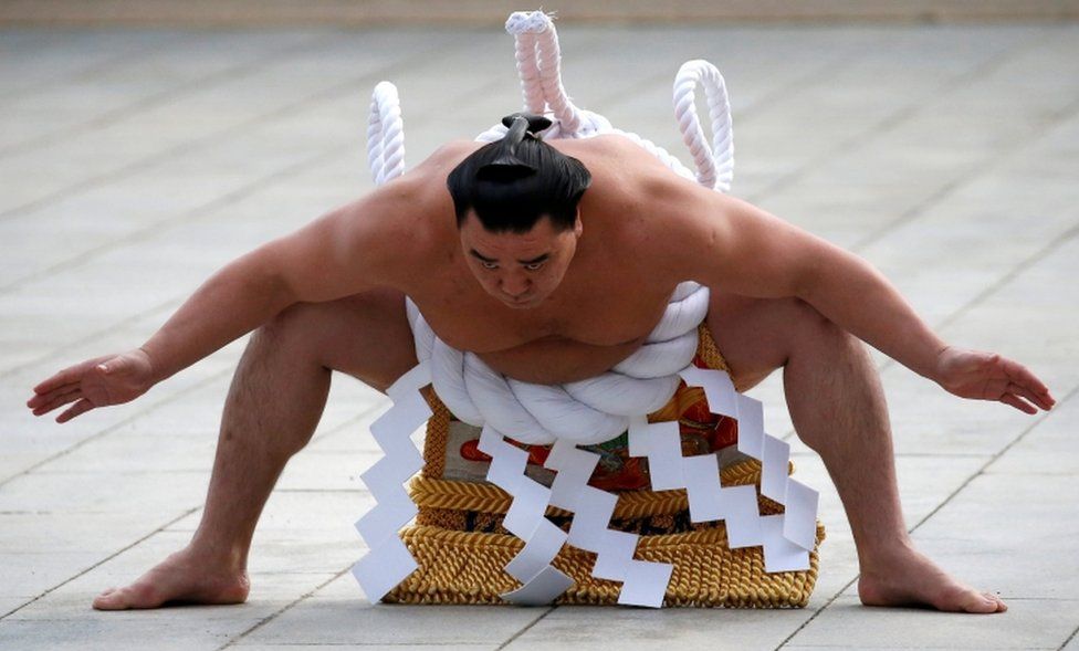 Grand sumo champion Yokozuna Harumafuji performs the New Year's ring-entering rite at the annual celebration for the New Year at Meiji Shrine in Tokyo, Japan on 6 January, 2017