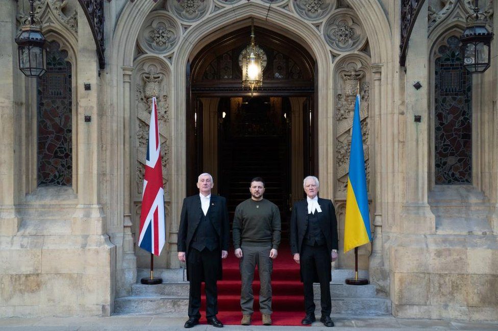 Speaker of the House of Commons, Sir Lindsay Hoyle and Speaker of the House of Lords Lord McFall, welcoming Ukrainian President Volodymyr Zelensky to Westminster Hall