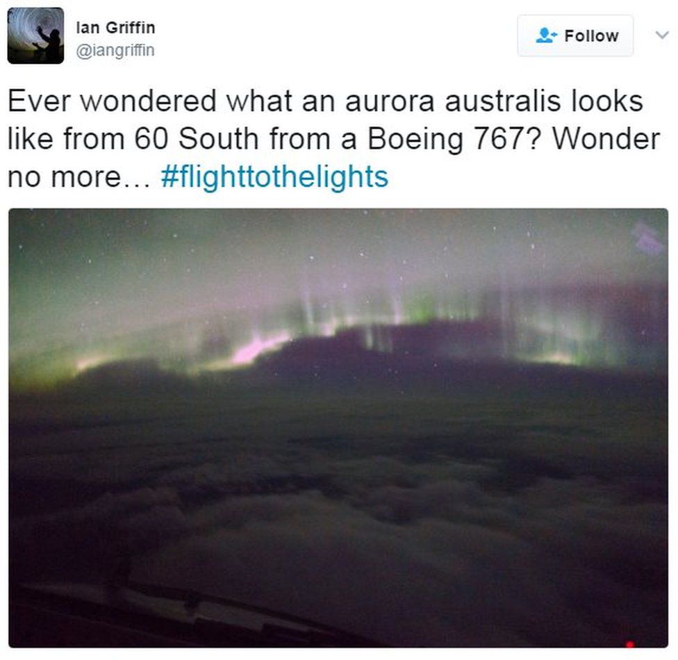 @iangriffin tweets a picture with the comment "Ever wondered what an aurora australis looks like from 60 South from a Boeing 767? Wonder no more… #flighttothelights"