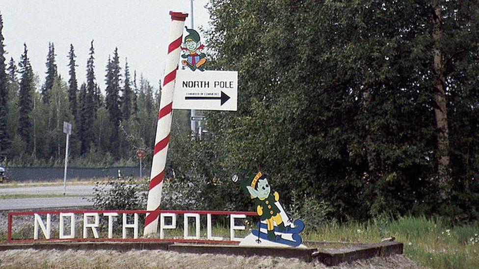 A road sign for the North Pole Chamber of Commerce, Alaska.