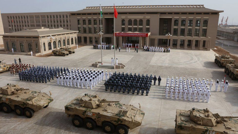 File photo from 1 August 2017 shows Chinese People's Liberation Army personnel attending the opening ceremony of China's new military base in Djibouti