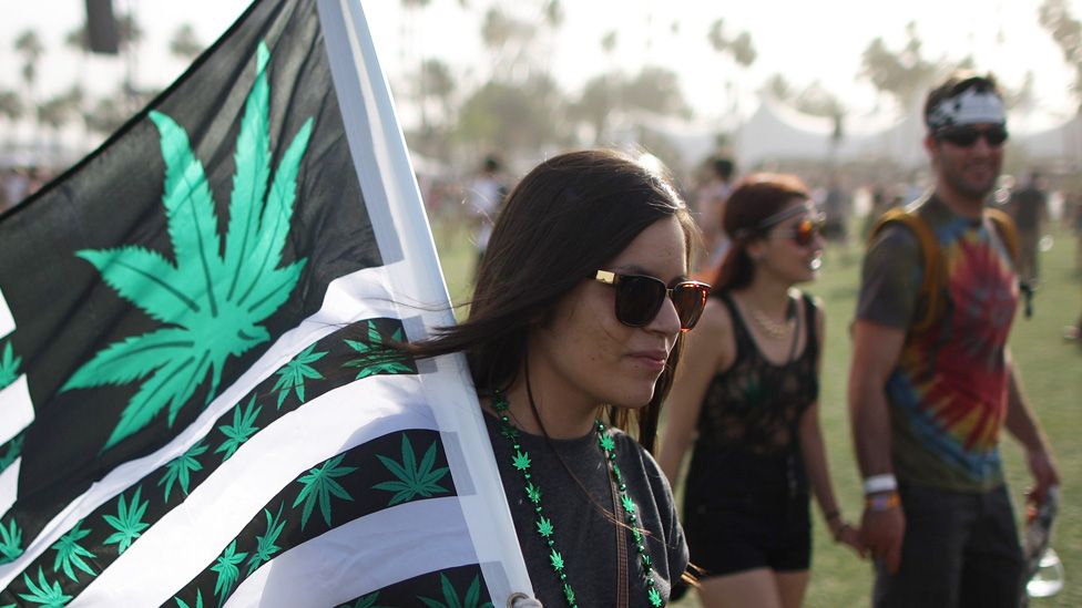 A woman carrying a cannabis flag