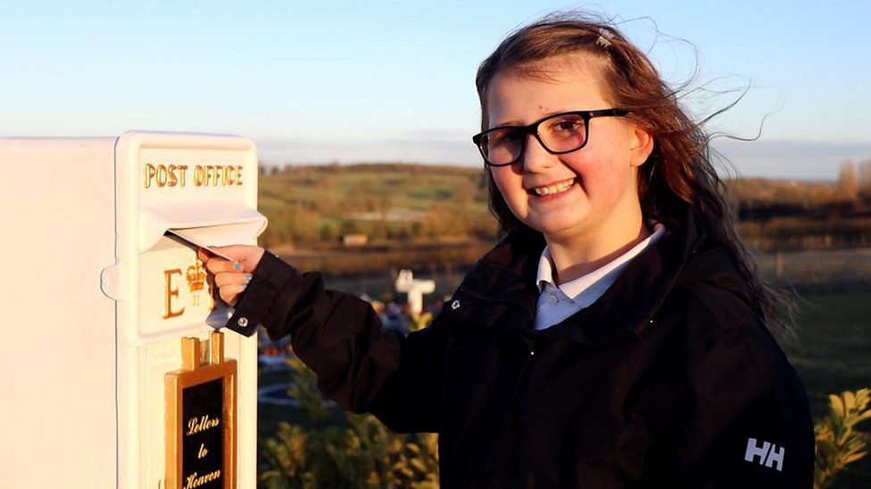 Matilda and the memorial postbox at Gedling Crematorium