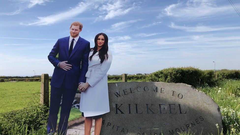Life-sized cardboard figures of Prince Harry and Meghan Markle at Kilkeel, County Down