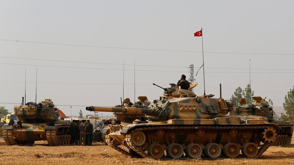 Turkish army tanks and military personal are stationed in Karkamis on the Turkish-Syrian border in the south-eastern Gaziantep province, Turkey, August 25, 2016.