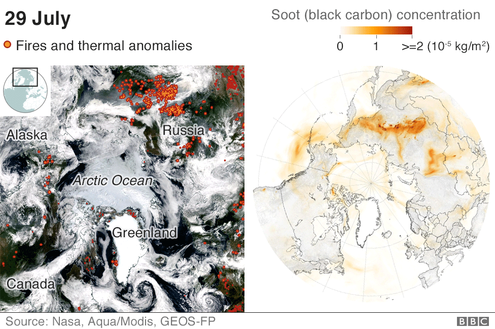 Maps showing soot from the fires travelling across the Arctic