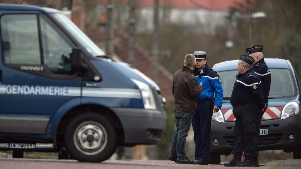 French gendarmes are parked in front of the house of Jonathan Daval, on 29 January 2018 in Gray-la-Ville, following his detention as part of the inquiry into the murder of his wife Alexia Daval.