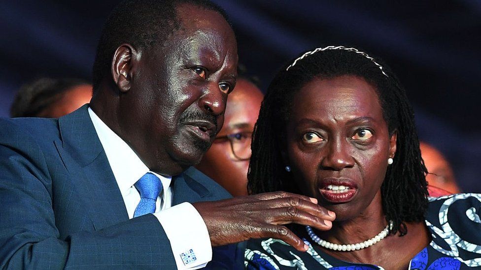 Azimio la Umoja (Aspiration to Unite) coalition's presidential candidate Raila Odinga and his running mate Martha Karua (R) attends the launch of the party manifesto in Nairobi ahead of this year's August elections, on June 6, 2022