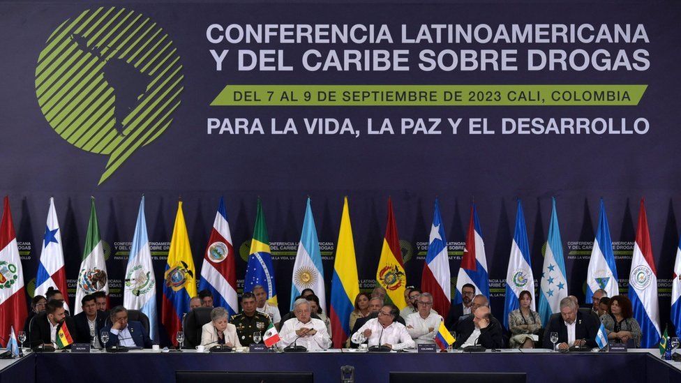 Leaders sit at the Latin American and Caribbean Conference on Drugs in Cali, Colombia