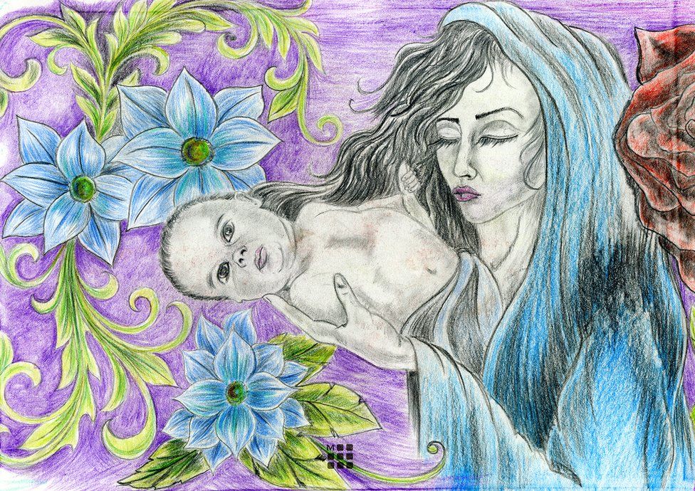 A drawing from Angela's sketchbook showing a mother and baby