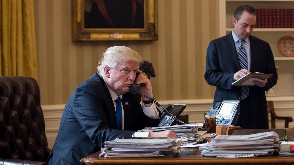 US President Donald Trump on his first call from the White House to Russian President Vladimir Putin