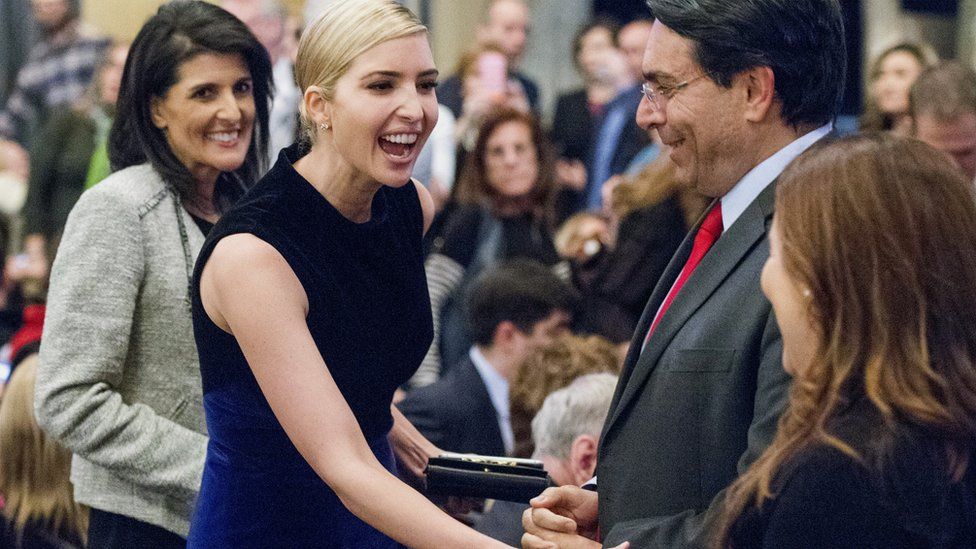 Ivanka Trump greets patrons as the United States Ambassador to the United Nations Nikki Haley, left, looks on before the start of the Broadway debut of the musical "Come From Away" in New York, Wednesday, March 15, 2017.