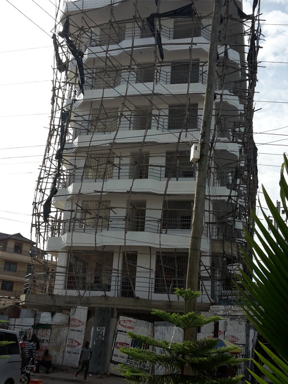 Wooden scaffolding on a seven story building in Mwanza, Tanzania, January 2016
