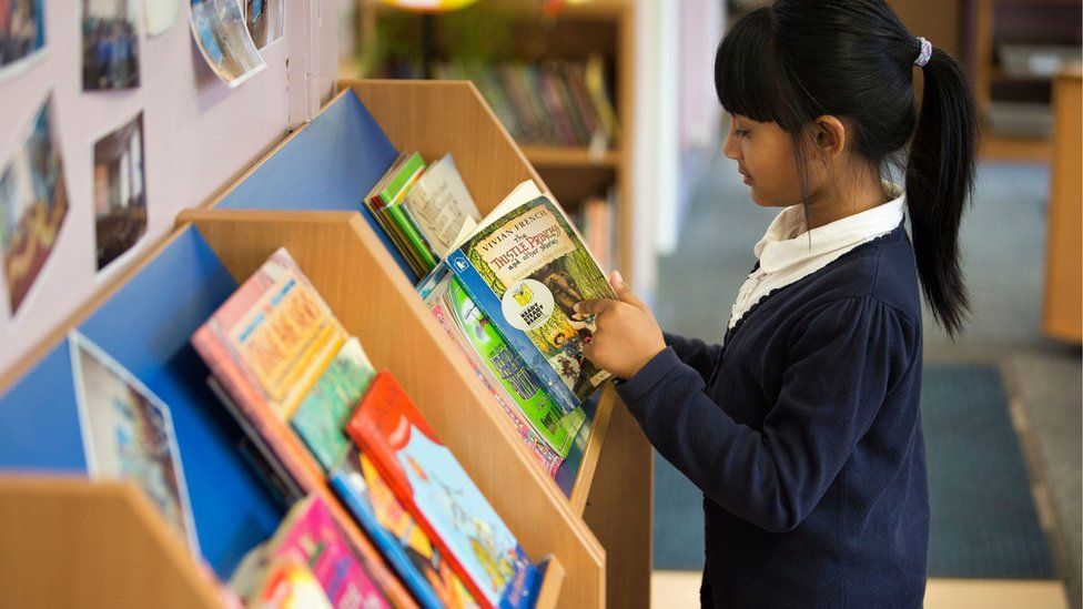 Primary school student in library