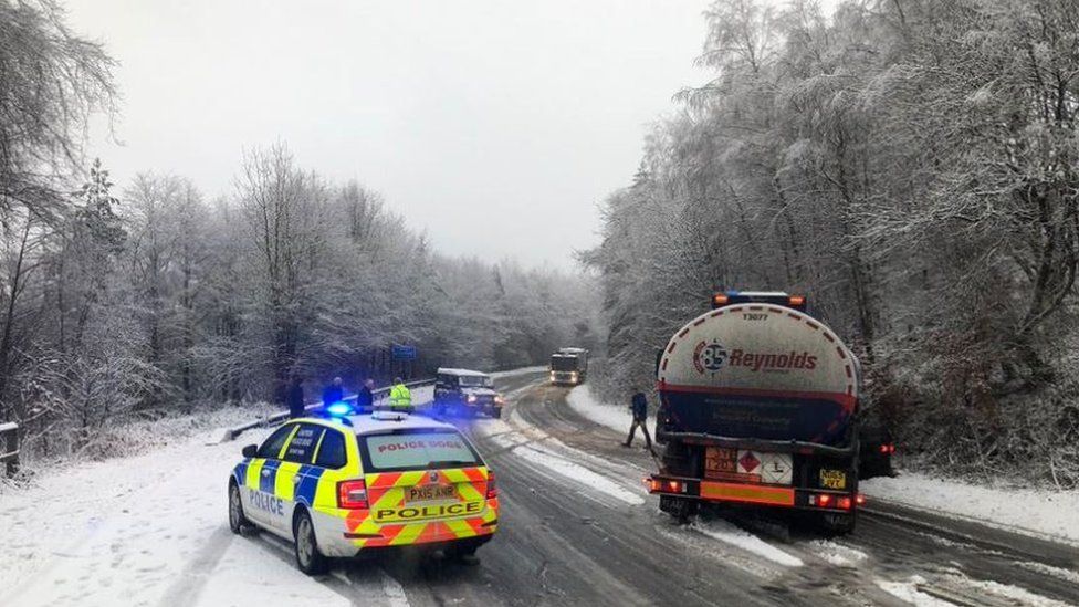 vehicles stranded on the A590 between Newby Bridge and Haverthwaite