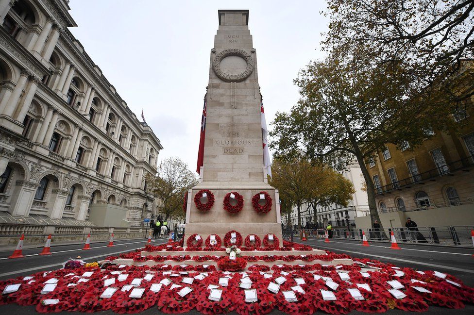 Wreaths lie around the Cenotaph on Whitehall