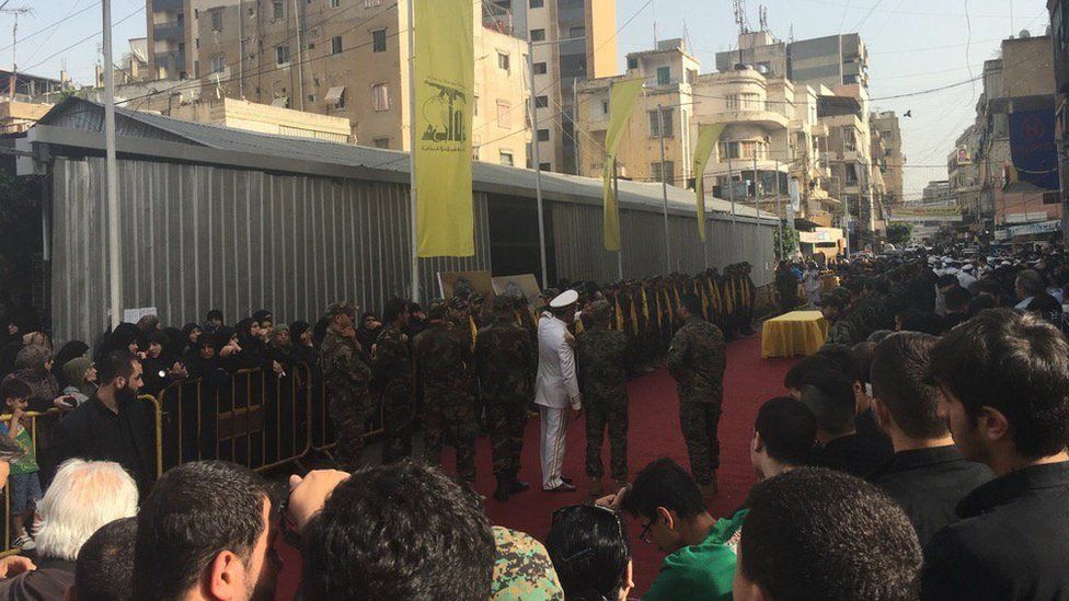 Mourners gather in Beirut to await the arrival of Badreddine's coffin, 12 May