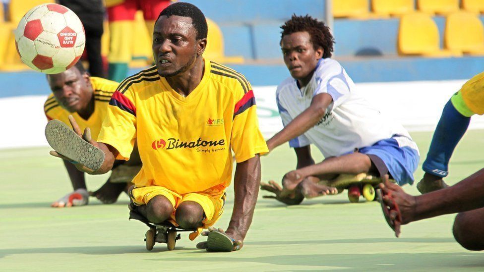 Physically challenged Ghanaians compete in the International Federation of Skate Soccer (IFSS) tournament in Accra, Ghana 20 January 2018.