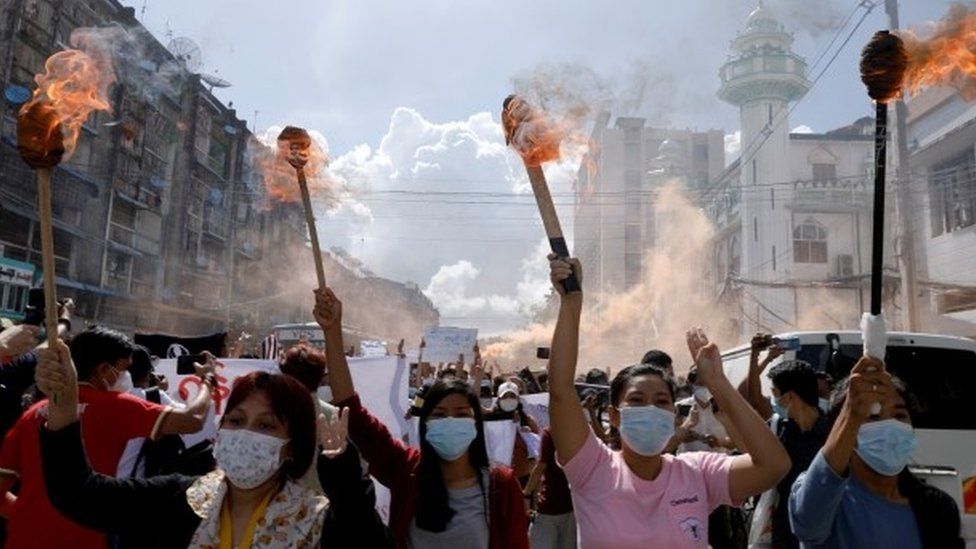 Protesters in Yangon, 14 July