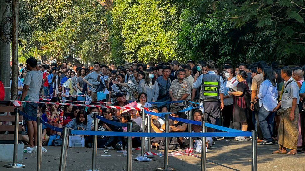 People gathering outside the Thai embassy in Yangon on 16 Feb 2024