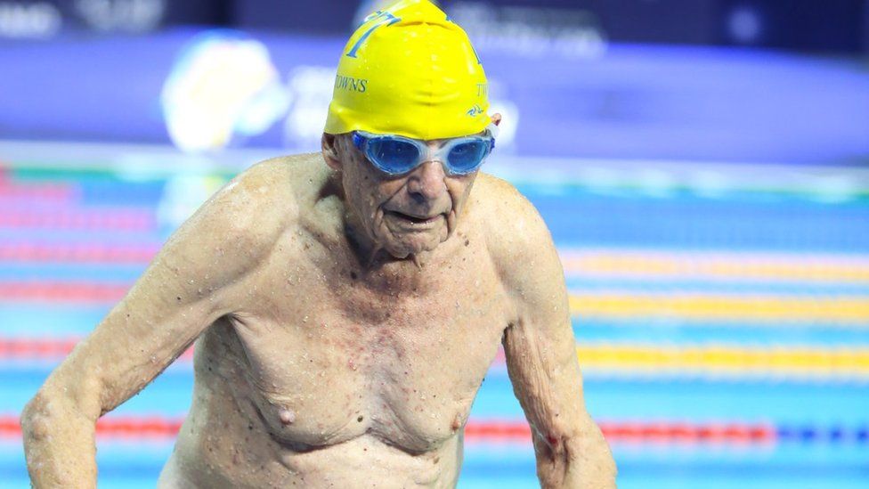 George Corones steps out of the pool after his record-breaking swim