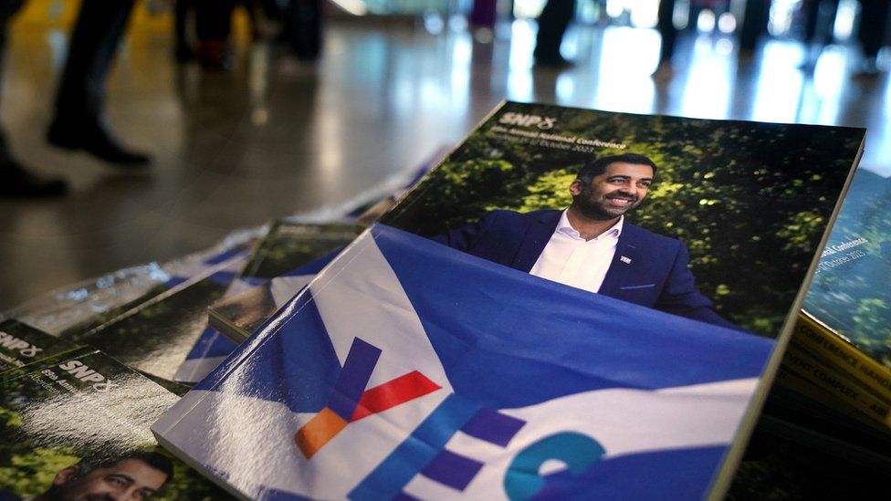 Picture of Humza Yousaf on a brochure at the SNP conference