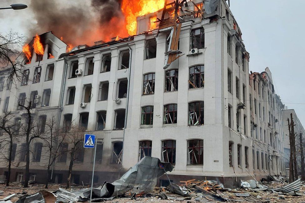 A handout photo released by the press service of the State Emergency Service of Ukraine shows a fire in a building of the Security Service of Ukraine (SBU) after shelling in Kharkiv, Ukraine, 02 March 2022.