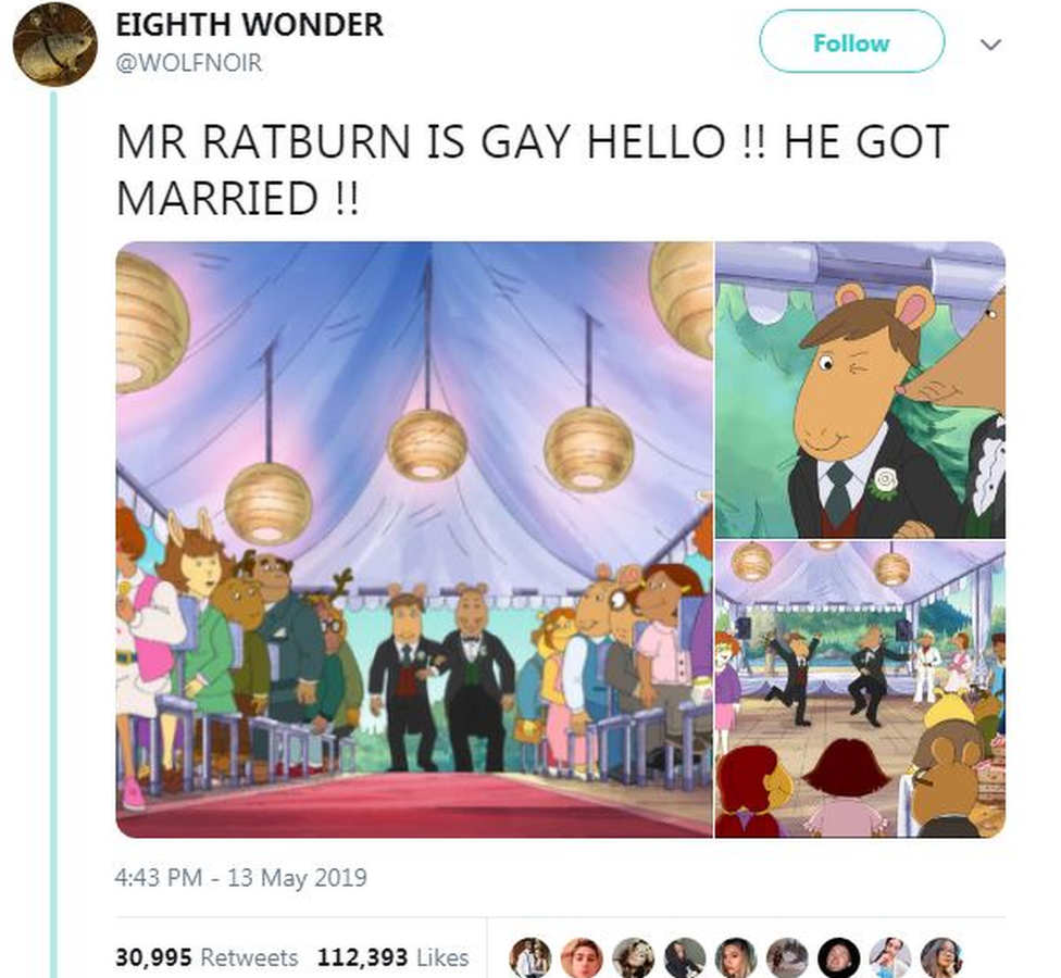 Tweet with photos from the cartoon saying 'Mr Ratburn is gay hello!! He got married!!'