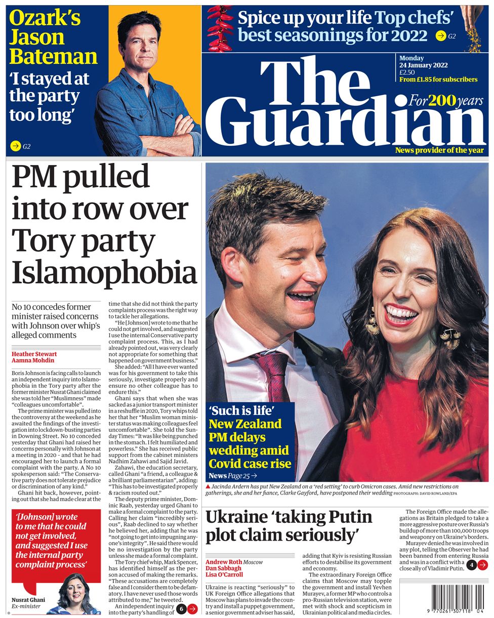 Первая страница The Guardian 24/01/22