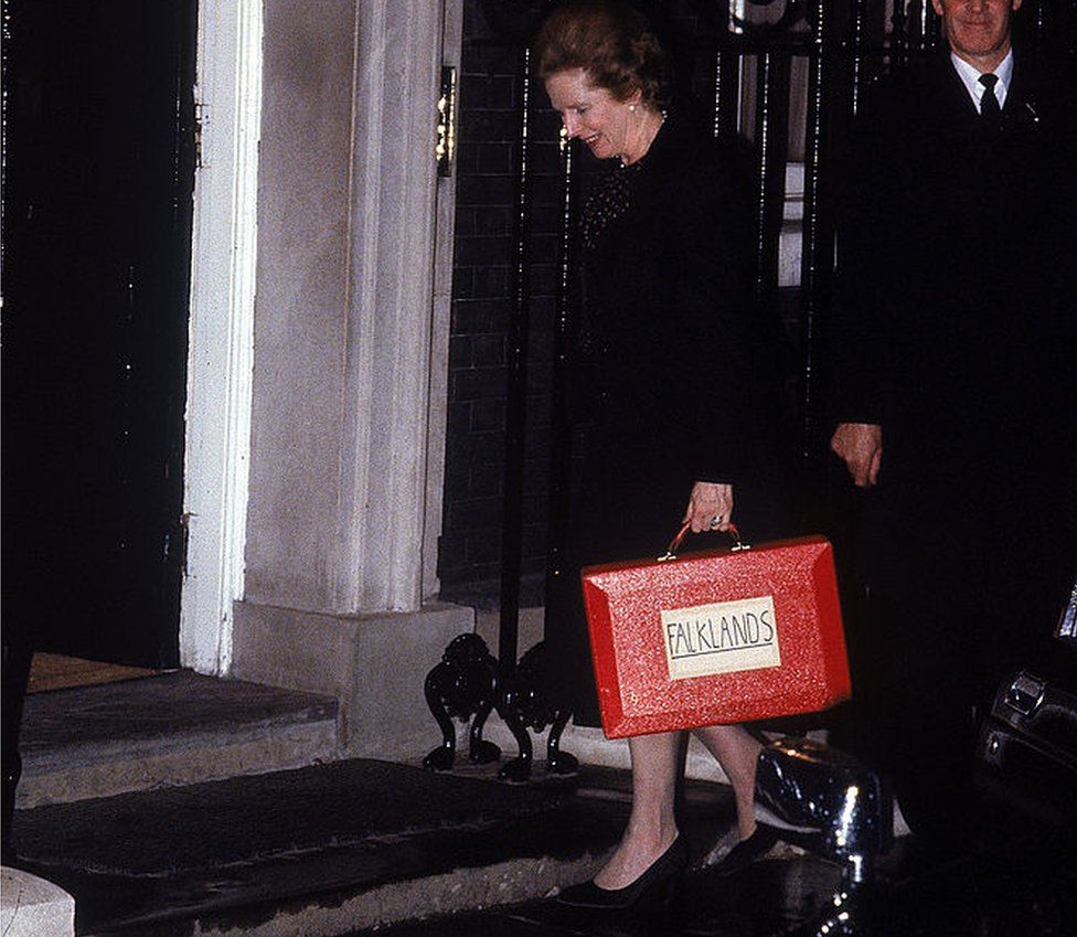 Margaret Thatcher arriving with Falklands case at 10 Downing St.