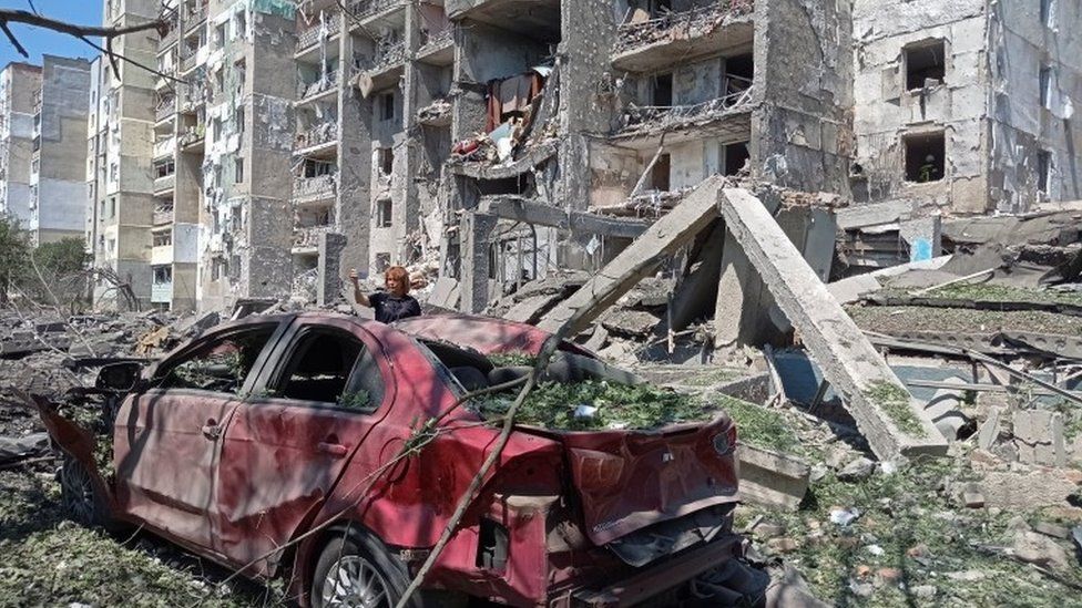 A damaged car in front of a destroyed building in Serhiyivka, Odesa region, Ukraine. Photo: 1 July 2022