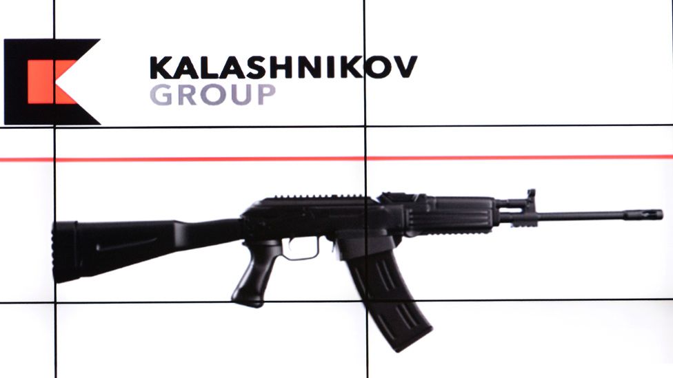 Kalashnikov assault rifle and firm's logo - file pic