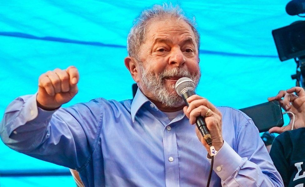 Former Brazilian President Luiz Inacio Lula da Silva speaks to a crowd of 70,000 in the centre of Porto Alegre, Brazil