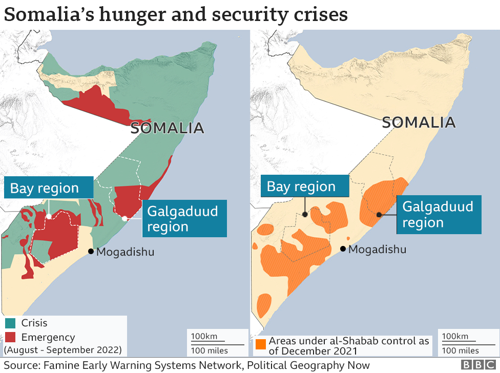 map showing those areas under al-Shabab control and those worst affected by drought