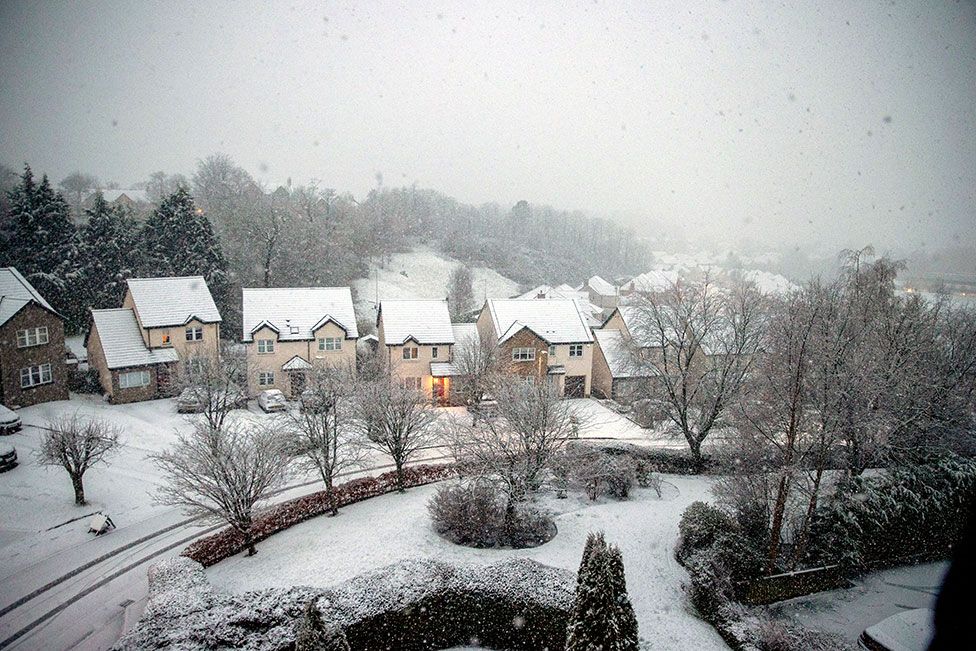 Storm Eunice and snow arrives in Paisley, Scotland, on 18 February 2022