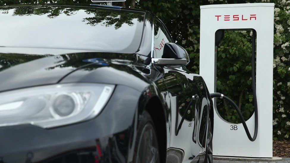 Tesla next to refuelling plug