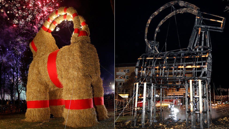 Before and after photos of the Gavlebocken, Sweden's Christmas goat