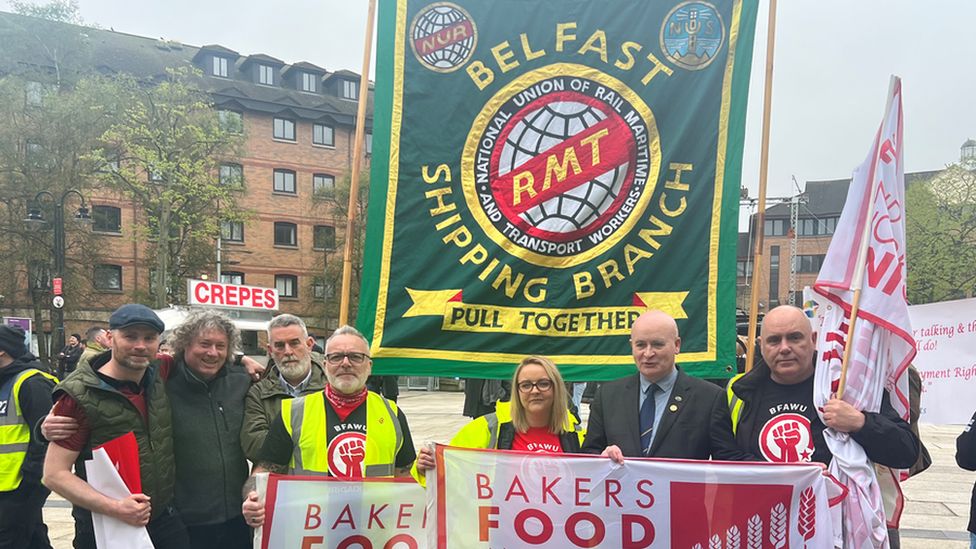 Trade union members, including Mick Lynch, at the rally in Belfast