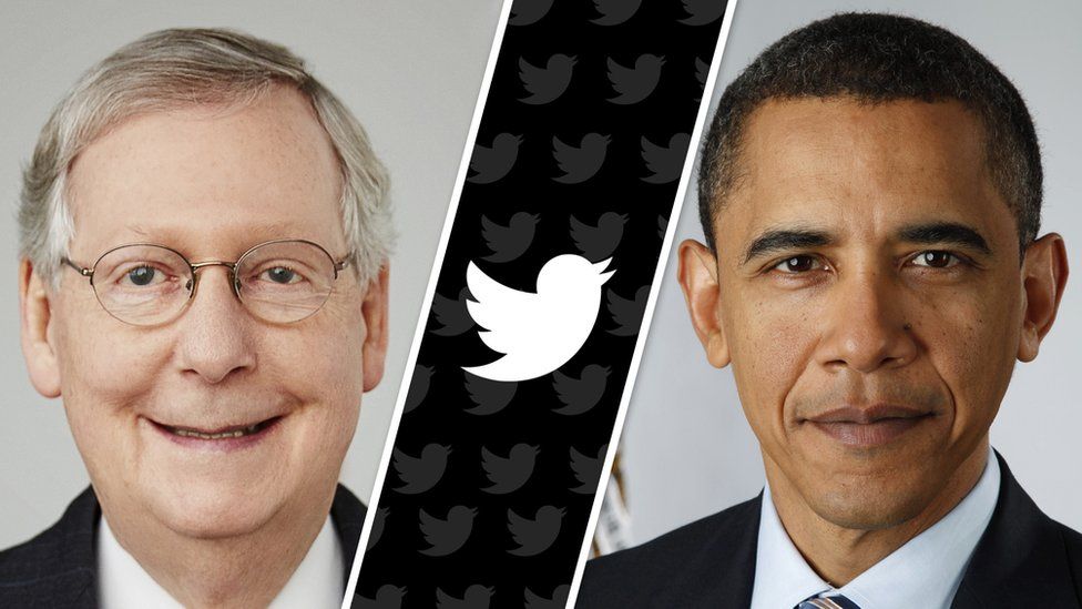 A split screen shows Mitch McConnell, left, and Barack Obama, right, with the Twitter logo between them