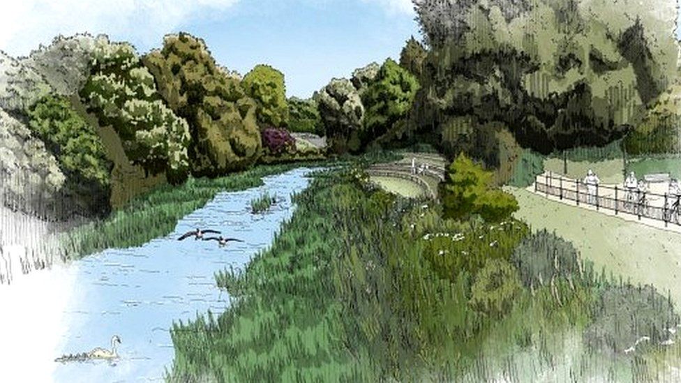 An artist's impression of extra greenery alongside the River Avon in the centre of Chippenham
