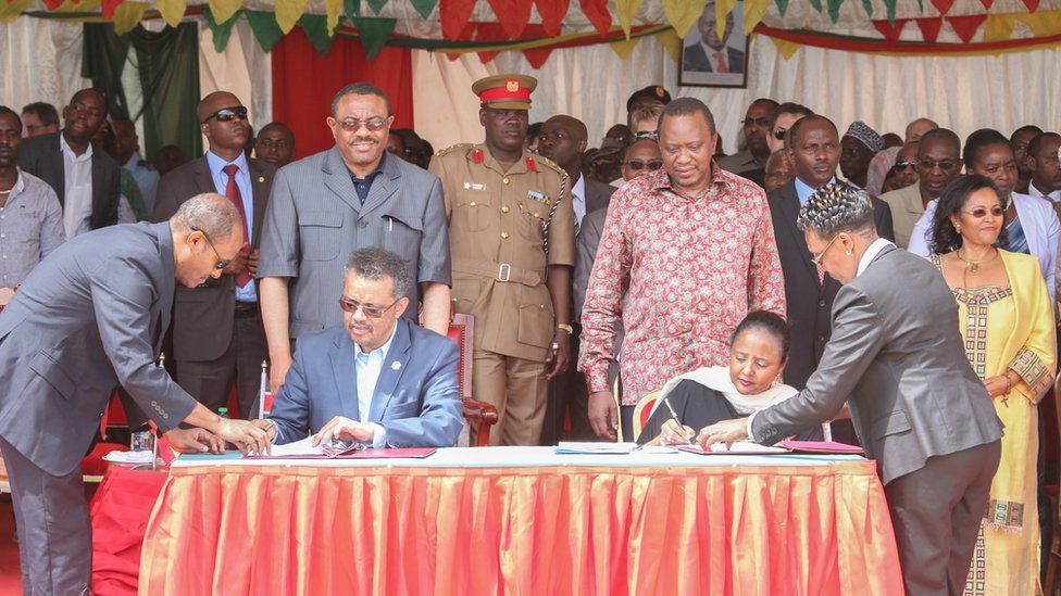 Kenya's Foreign Affairs Cabinet Secretary Amina Mohamed and Ethiopia's Minister of Foreign Affairs Tedros Adhanom Ghebreyesus sign the cross-border agreement