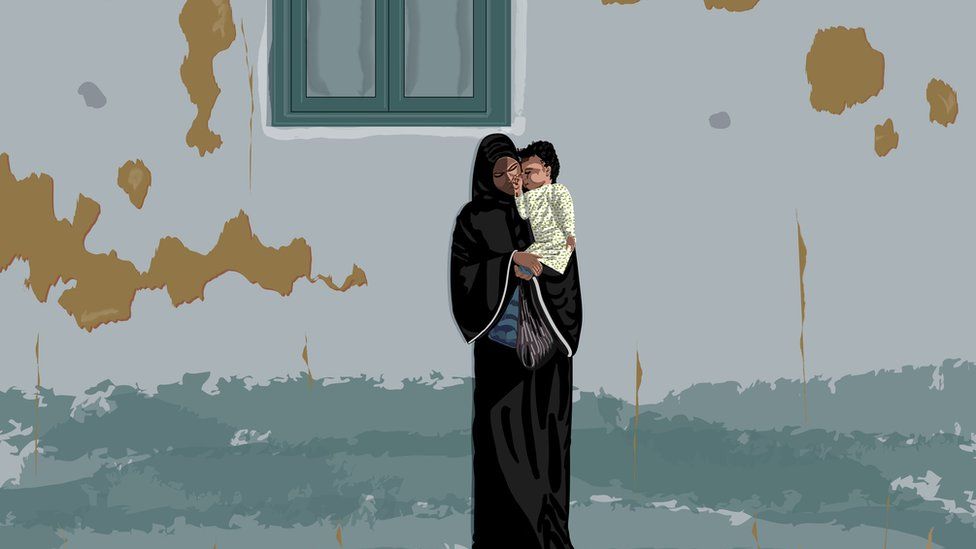Drawn picture of woman in arab dress with a baby
