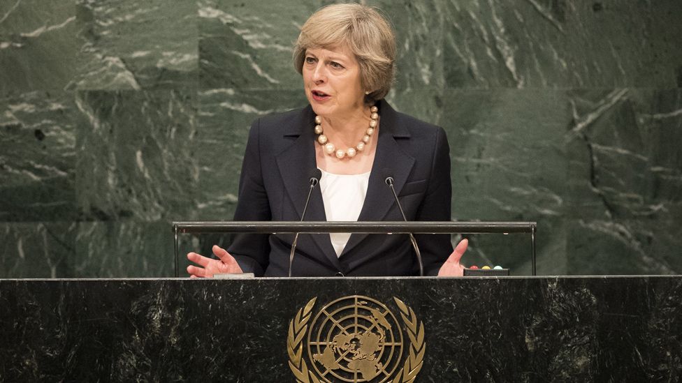 Theresa May addresses the UN General Assembly in New York City