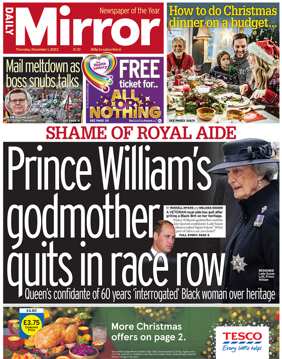 Заголовок на первой странице Daily Mirror гласит: «Крестная мать принца Уильяма увольняется в race row'