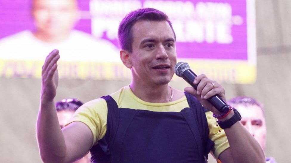 Ecuadorian presidential candidate Daniel Noboa speaks during a closing campaign event