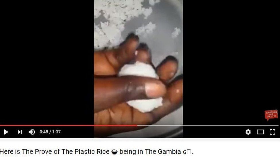 Photo of a ball of rice in a hand: A video showing which falsely claims to 'prove' the existence of fake plastic rice in the food supply
