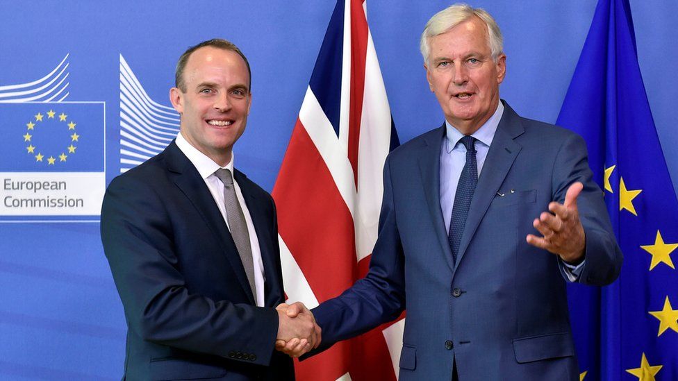 Secretary of State for Exiting the European Union Dominic Raab and the European Union's chief Brexit negotiator Michel Barnier in Brussels on 31 August 2018